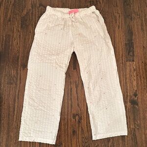 Starfit seersucker, pajama bottoms white with pink embroidered hearts Sz XS/S